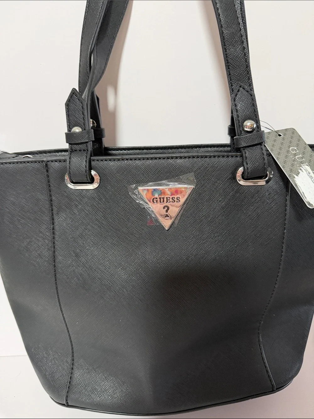 GUESS Black Textured Tote with Silver Hardware